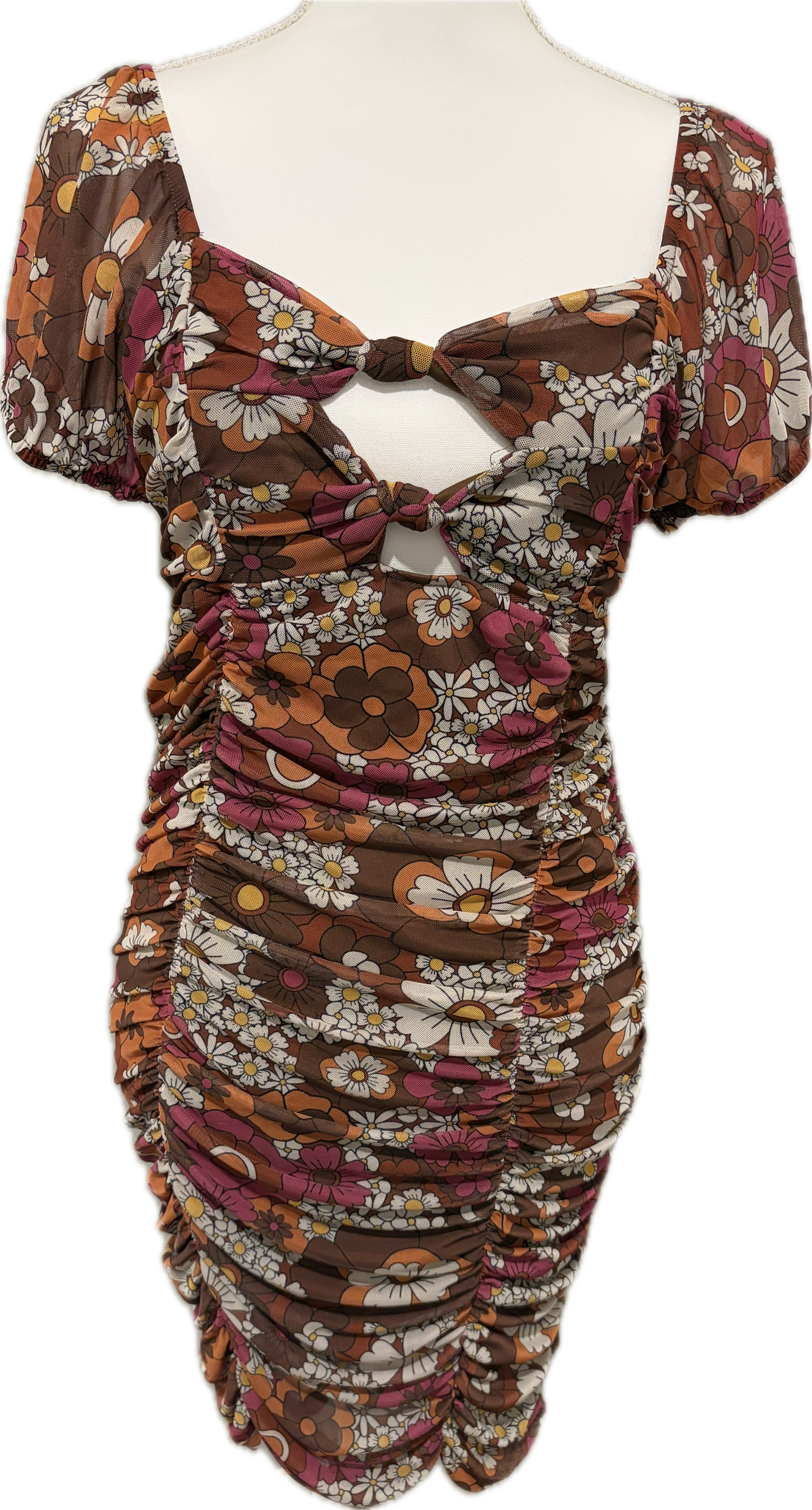 Flower Power Shirred Mesh Mini Dress
