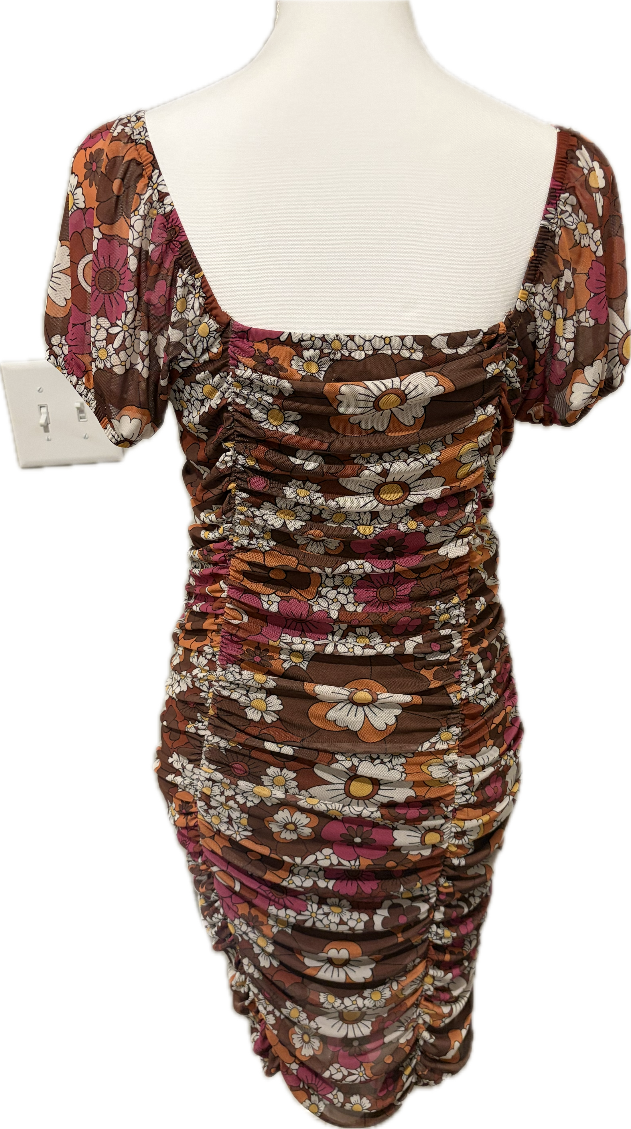Flower Power Shirred Mesh Mini Dress