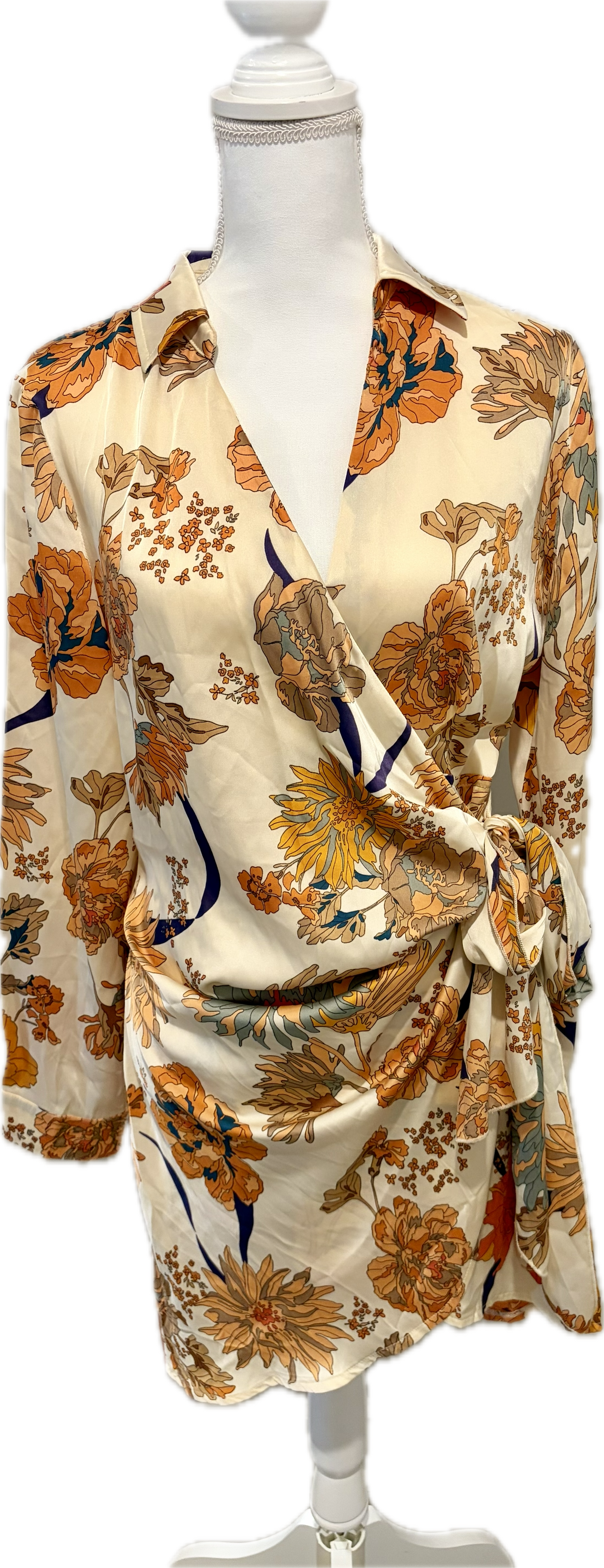 Blush Floral Print Satin Wrap Dress
