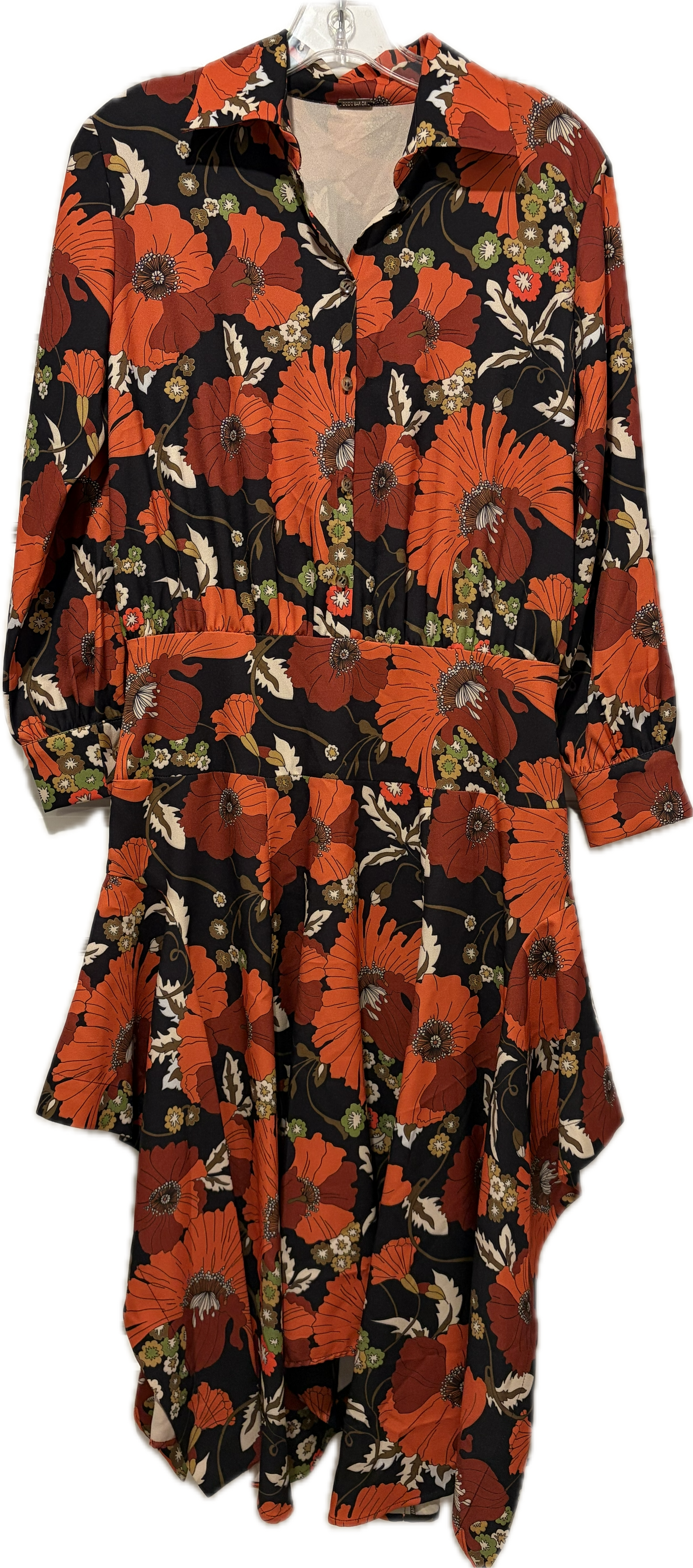 Orange Burst Floral Button Front Handkerchief Dress