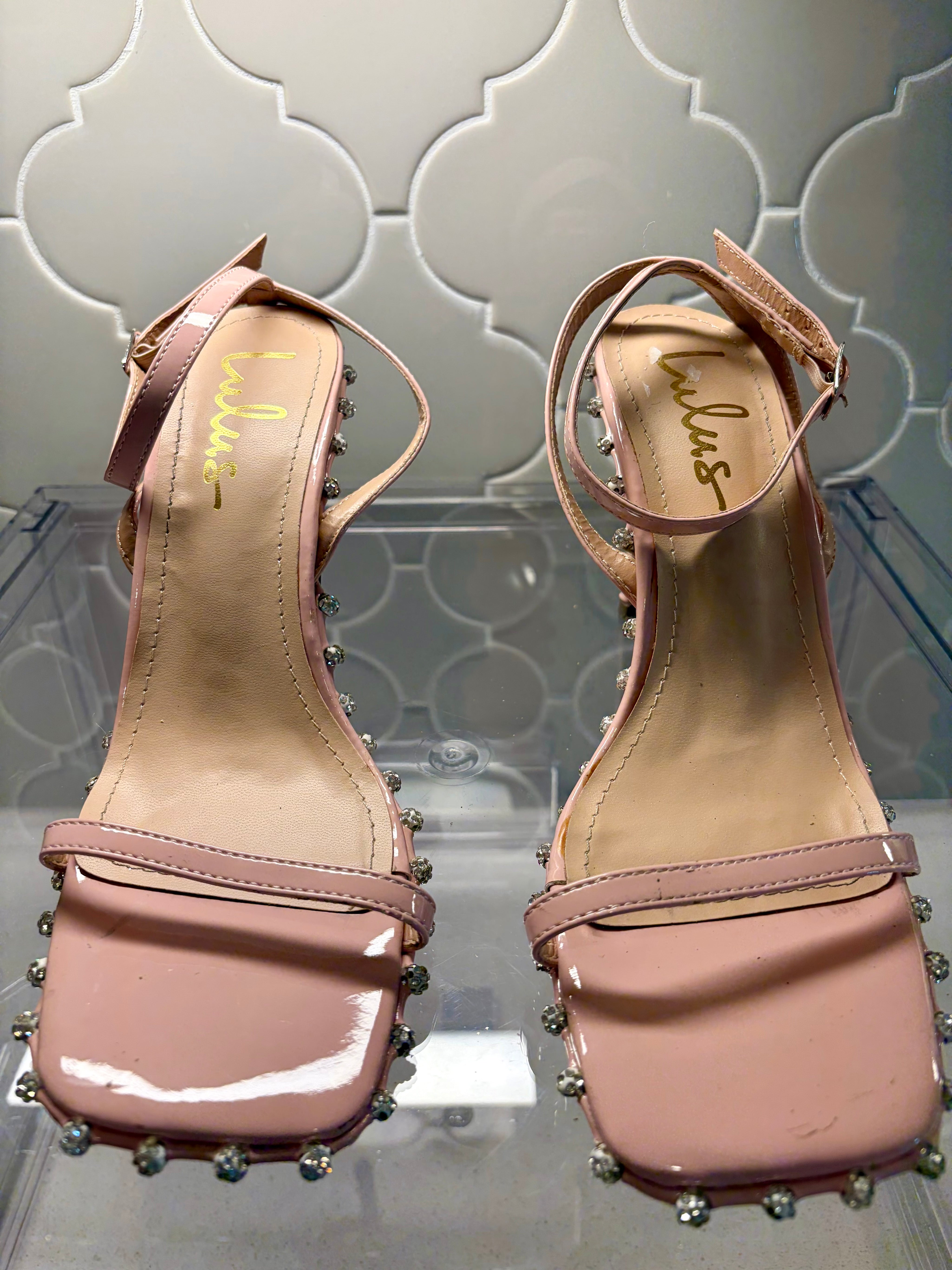 Lulus Pink Patent Rhinestone Sandals