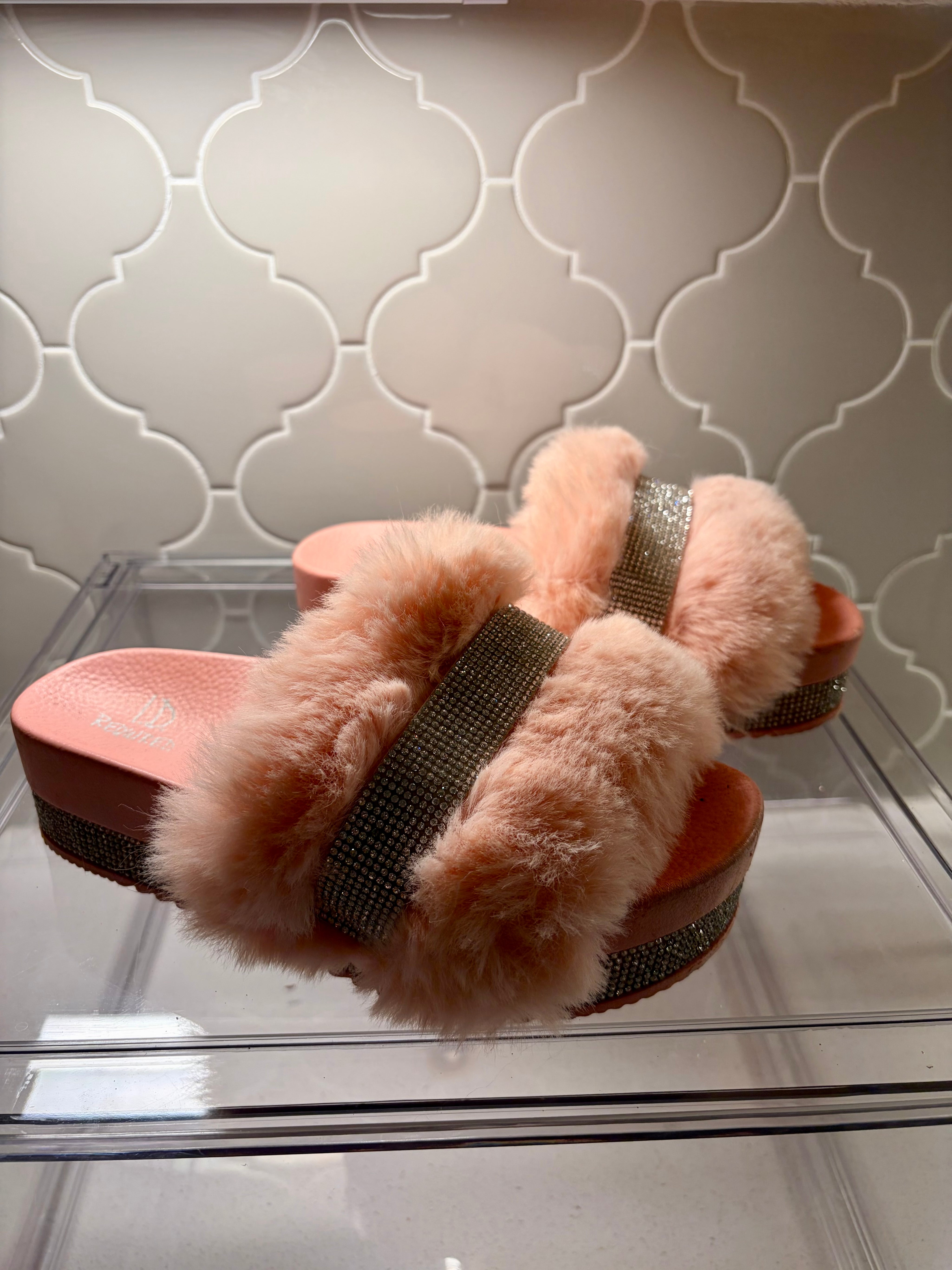 Fluffy Pink Rhinestone Slippers