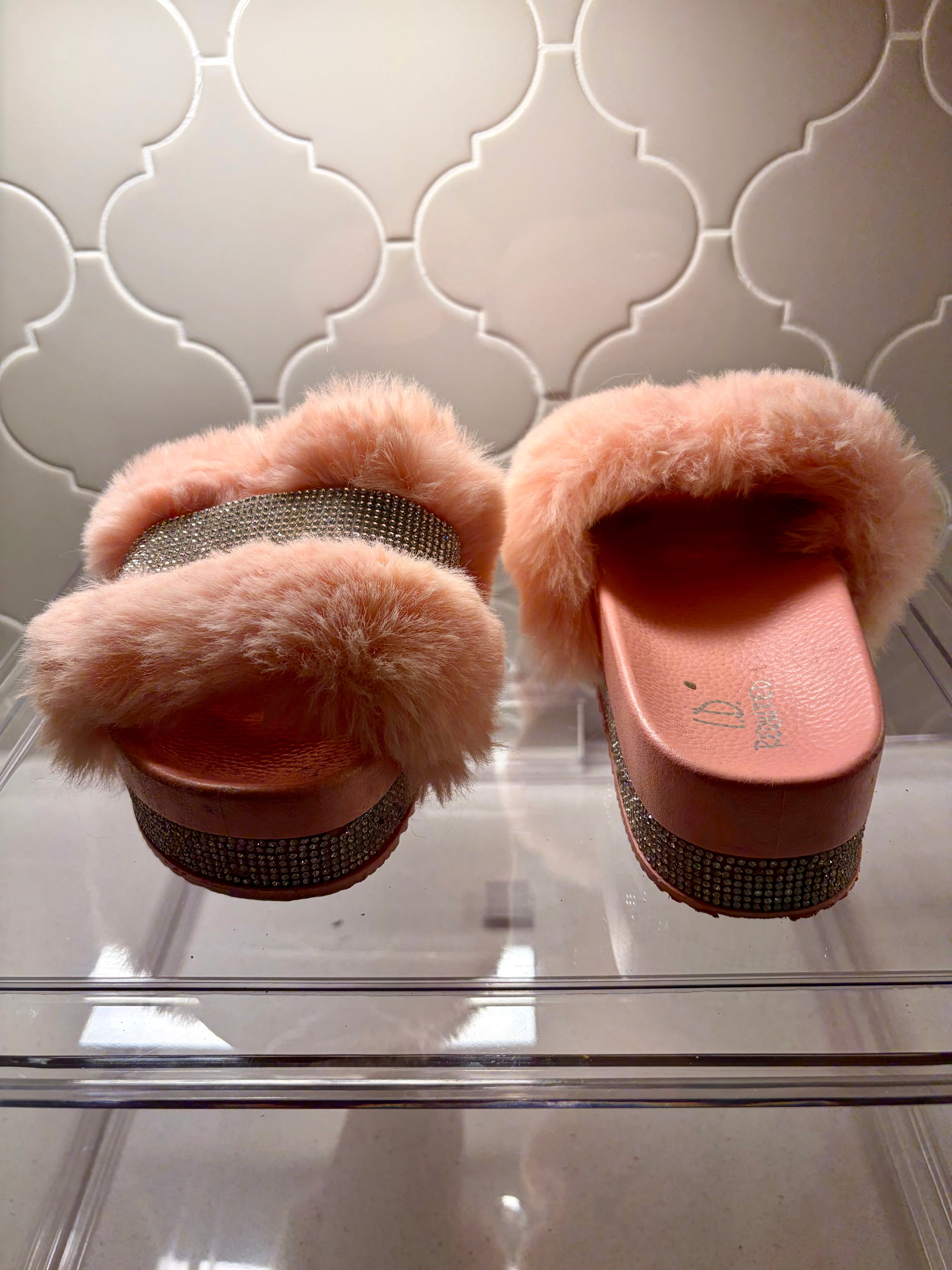 Fluffy Pink Rhinestone Slippers