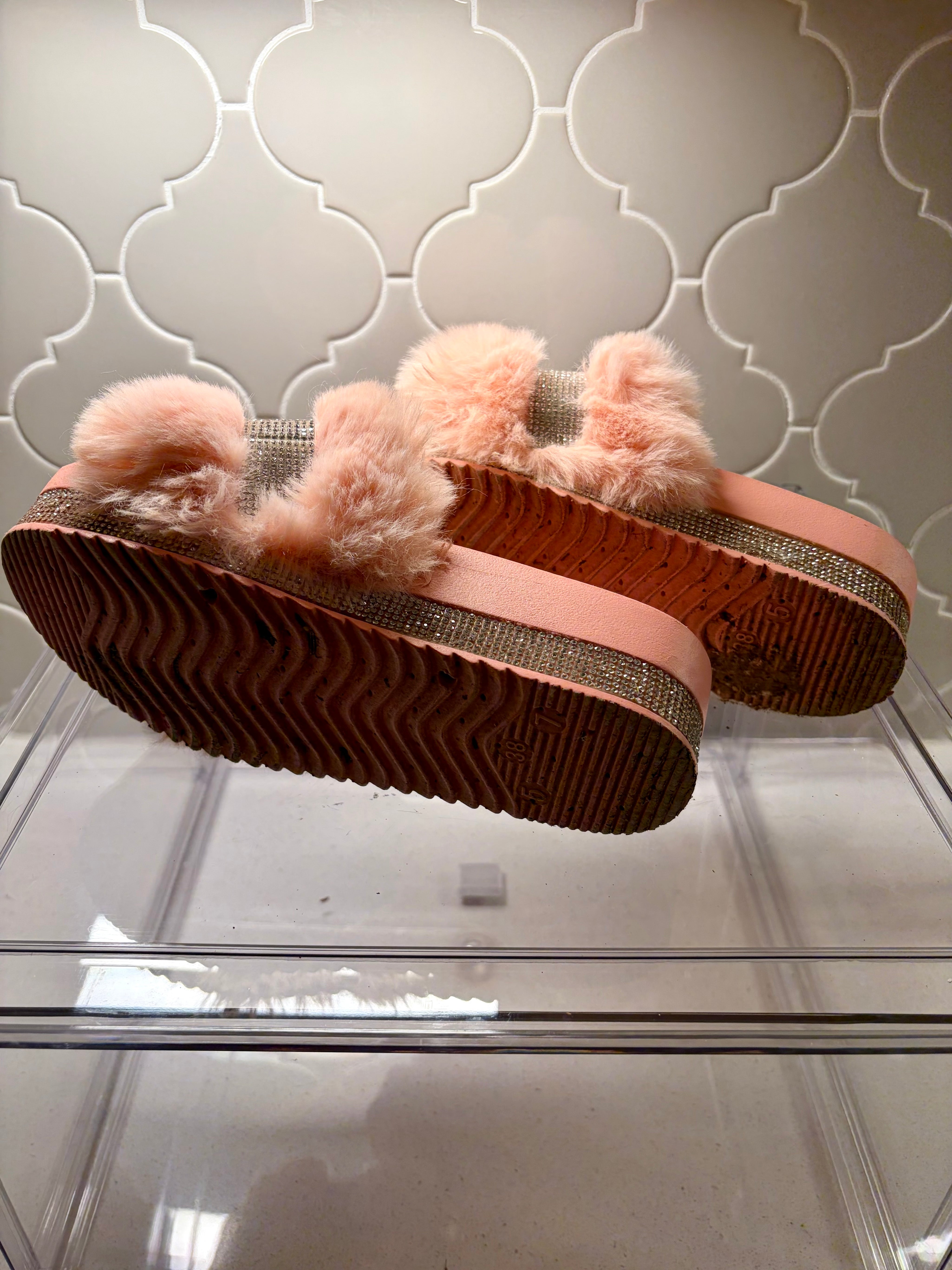 Fluffy Pink Rhinestone Slippers