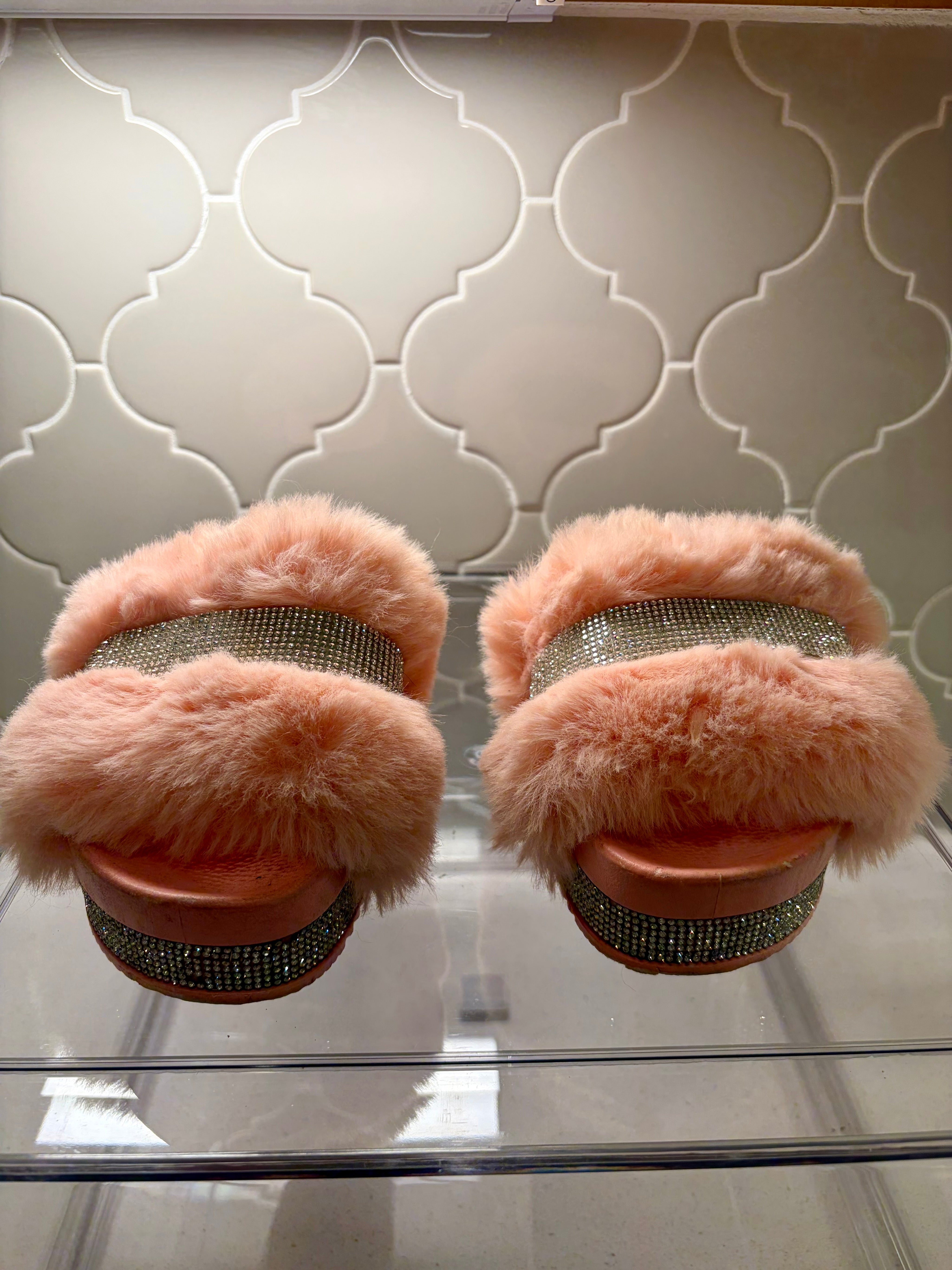 Fluffy Pink Rhinestone Slippers
