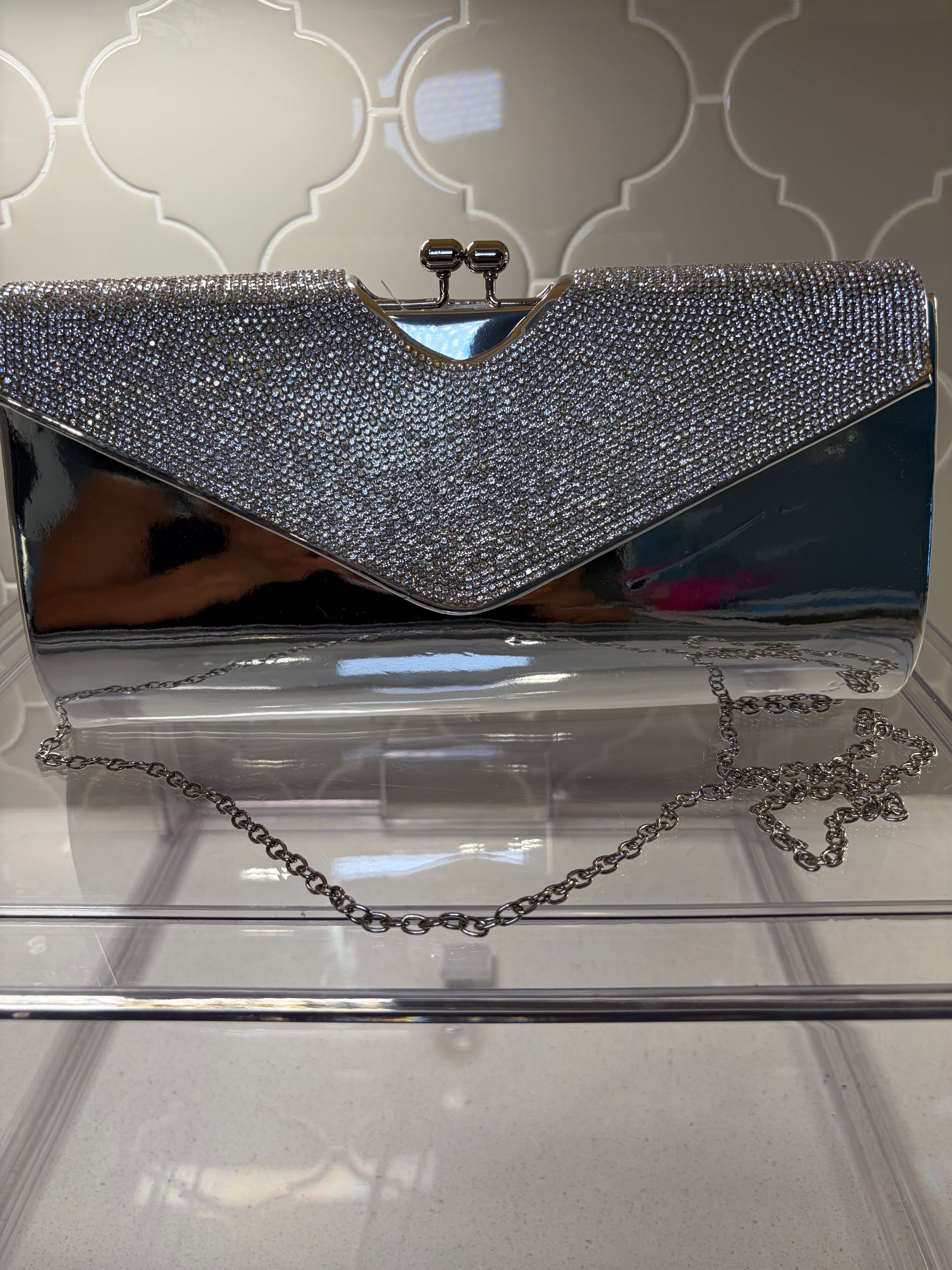 Sequin & Metallic Silver Jeweled Top Handbag
