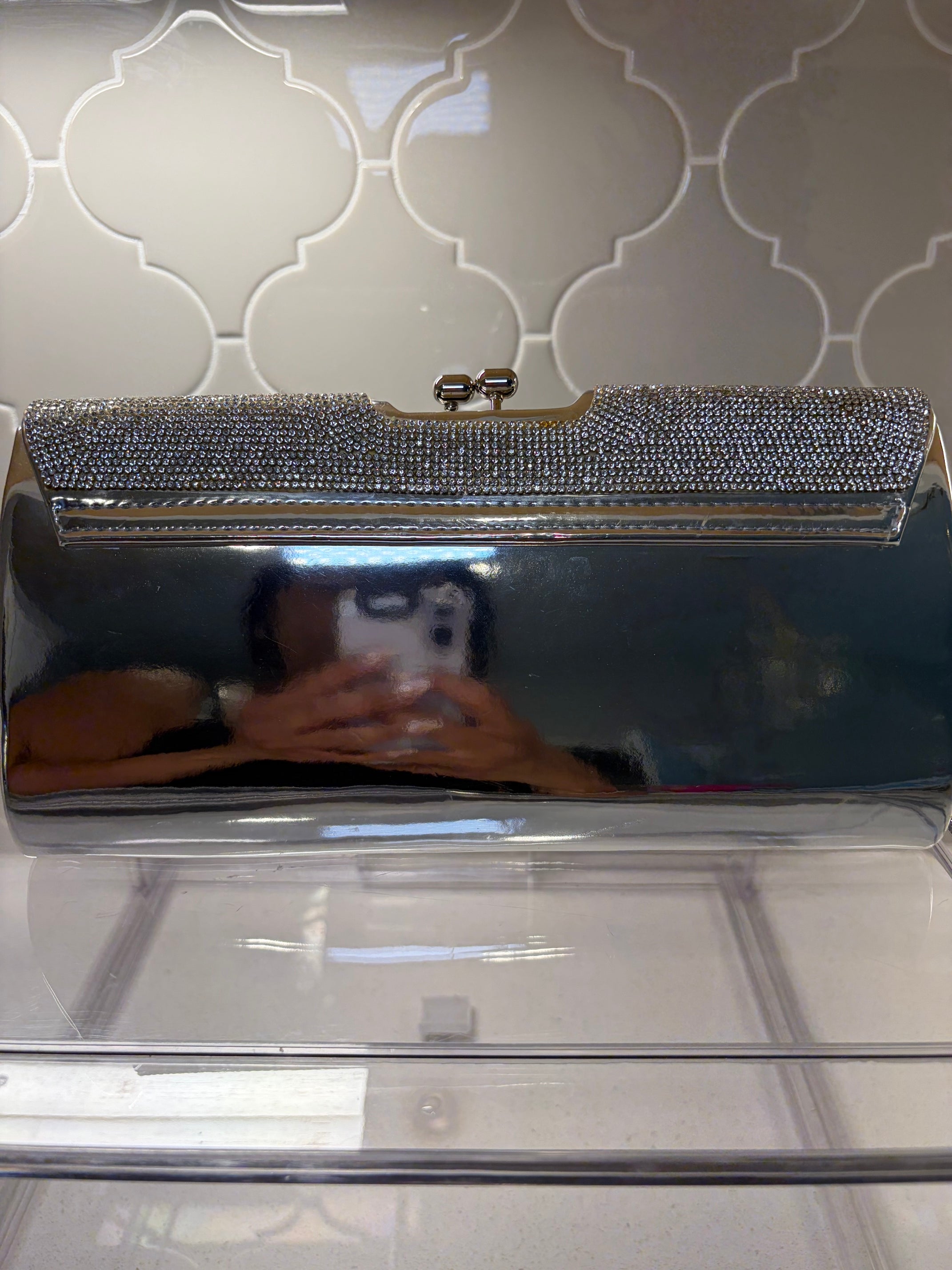 Sequin & Metallic Silver Jeweled Top Handbag