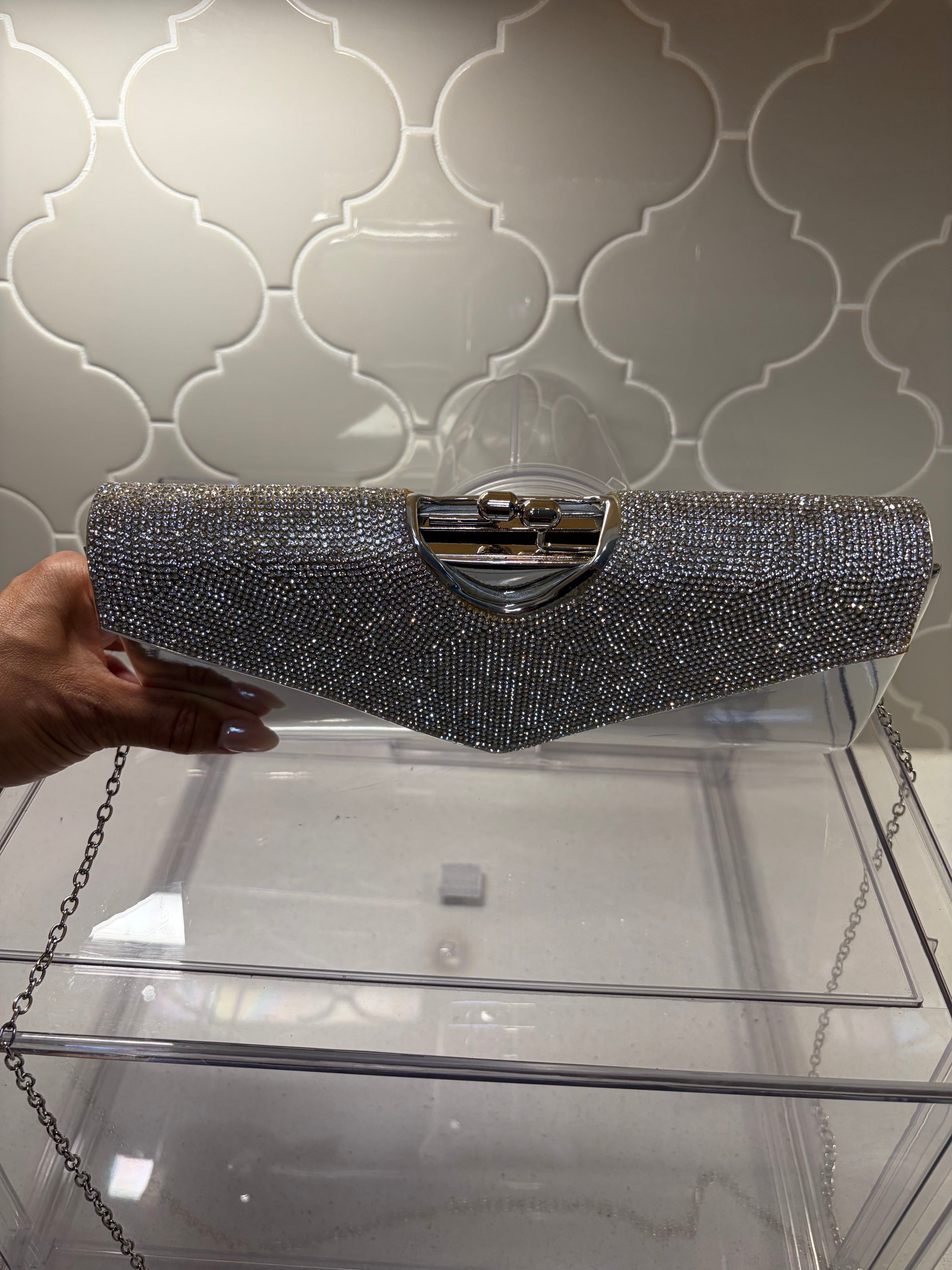Sequin & Metallic Silver Jeweled Top Handbag