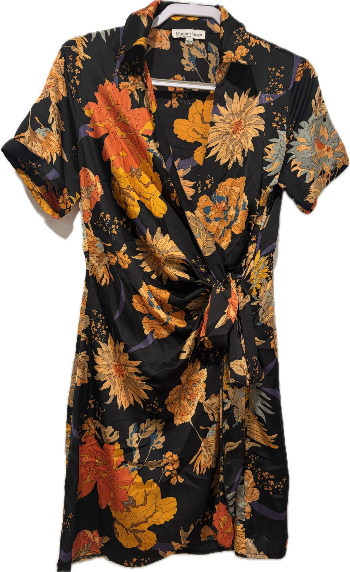 Satin Floral Wrap Shirt Mini Dress